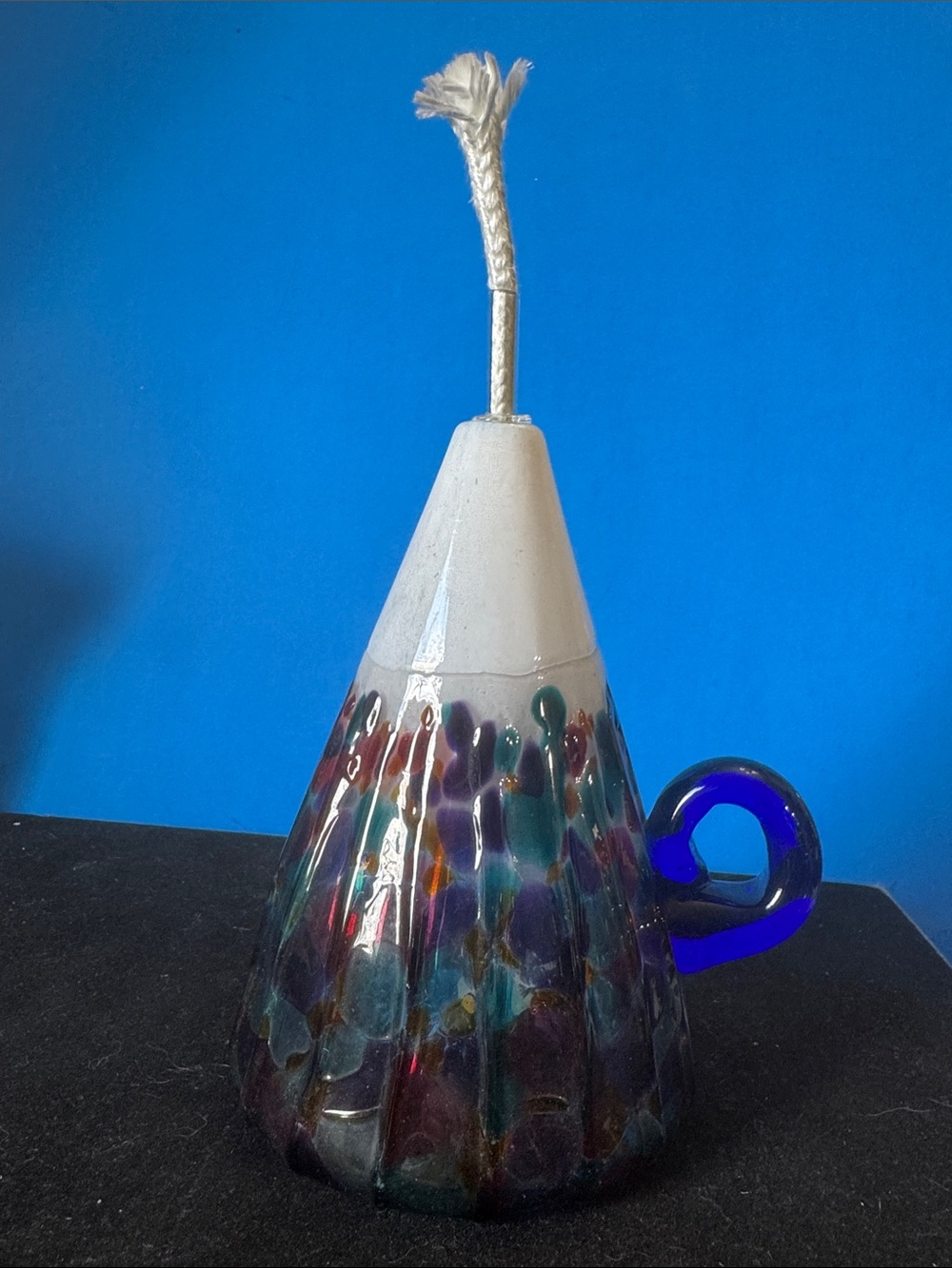 Wimberley- Handblown Multicolor Glass Cone lamp/Candle Holder with Cobalt Handle